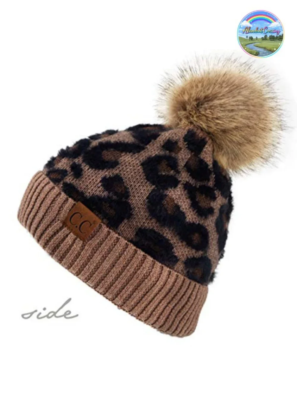 Soft Beanie Hat with Fur Pom Leopard Pattern Stretchable Winter Beanie